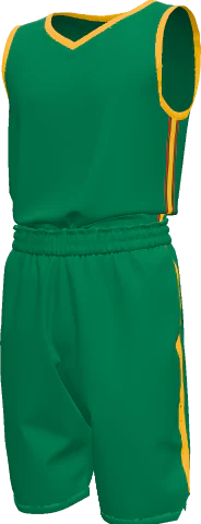 Green kit with yellow and red side stripes