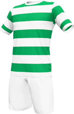 Green and white hooped men's soccer kit