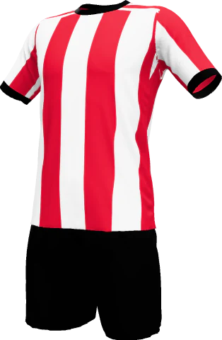 Red and white striped soccer kit with black shorts